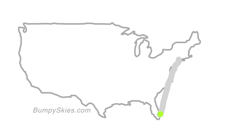 Map of continental US with illustrated flight path and turbulence forecast (described in text below)