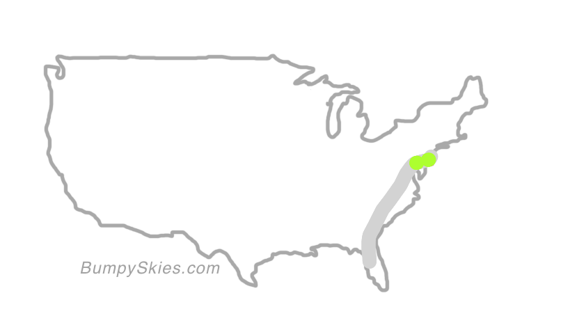 Map of continental US with illustrated flight path and turbulence forecast (described in text below)