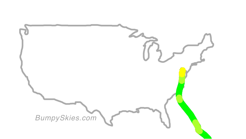 Map of continental US with illustrated flight path and turbulence forecast (described in text below)