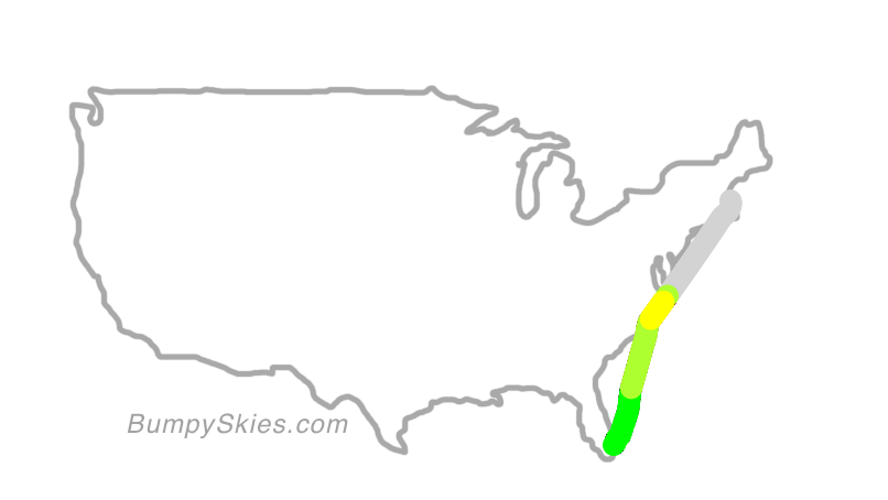 Map of continental US with illustrated flight path and turbulence forecast (described in text below)