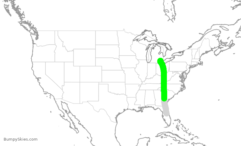 Turbulence forecast map for NKS3067, MCO to DTW