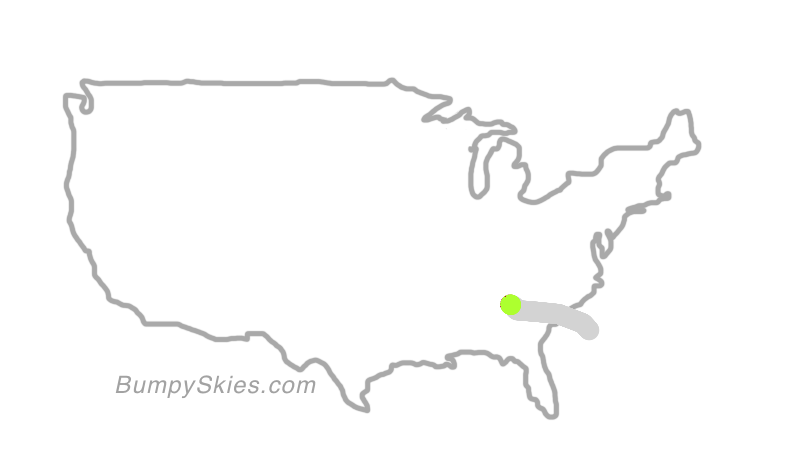 Map of continental US with illustrated flight path and turbulence forecast (described in text below)