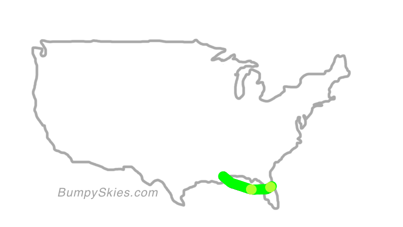 Map of continental US with illustrated flight path and turbulence forecast (described in text below)