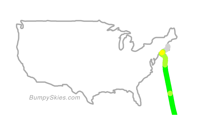 Map of continental US with illustrated flight path and turbulence forecast (described in text below)