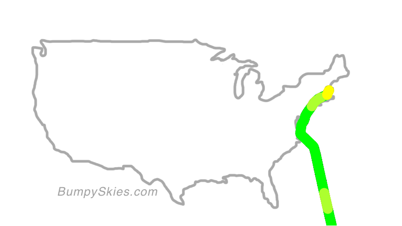 Map of continental US with illustrated flight path and turbulence forecast (described in text below)