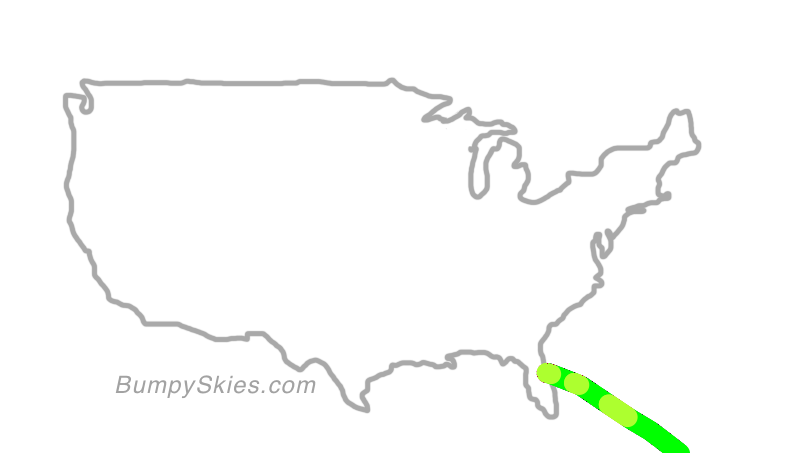Map of continental US with illustrated flight path and turbulence forecast (described in text below)