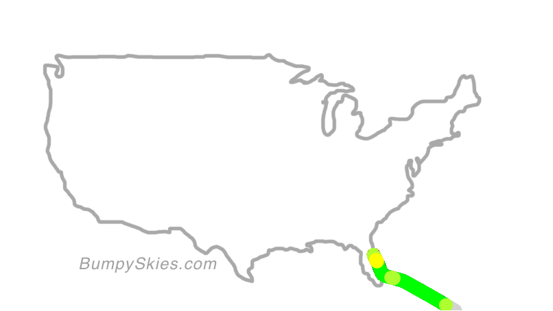 Map of continental US with illustrated flight path and turbulence forecast (described in text below)