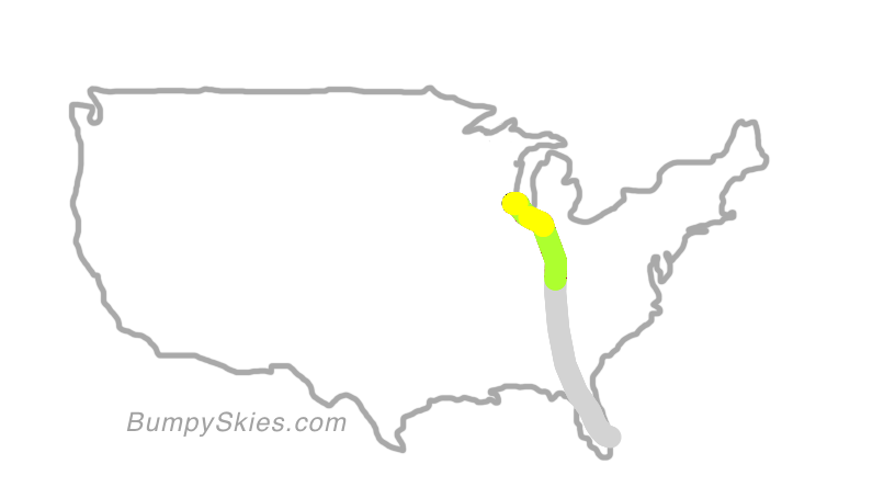 Map of continental US with illustrated flight path and turbulence forecast (described in text below)