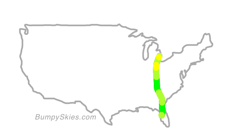 Map of continental US with illustrated flight path and turbulence forecast (described in text below)