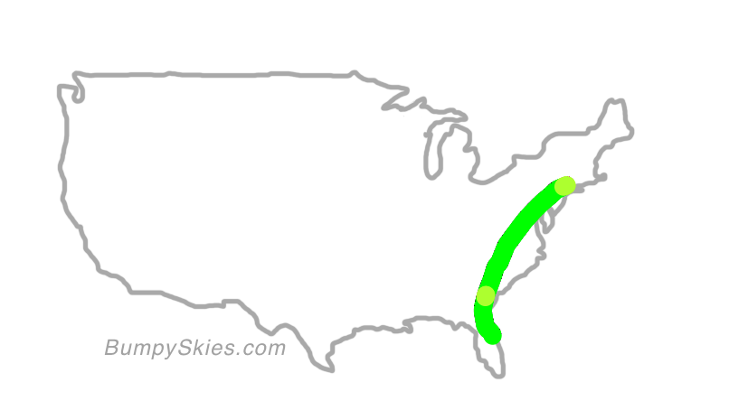 Map of continental US with illustrated flight path and turbulence forecast (described in text below)