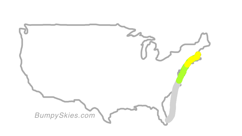 Map of continental US with illustrated flight path and turbulence forecast (described in text below)