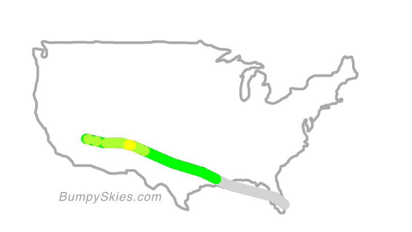 Map of continental US with illustrated flight path and turbulence forecast (described in text below)