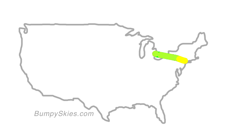Map of continental US with illustrated flight path and turbulence forecast (described in text below)