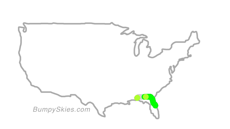 Map of continental US with illustrated flight path and turbulence forecast (described in text below)