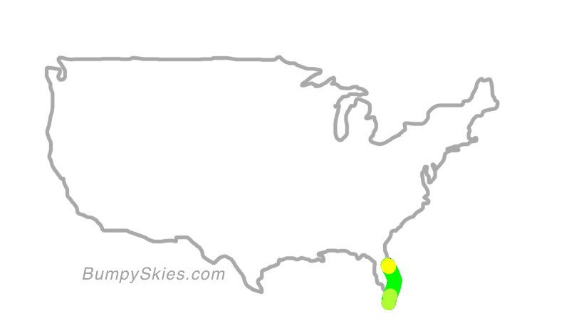 Map of continental US with illustrated flight path and turbulence forecast (described in text below)