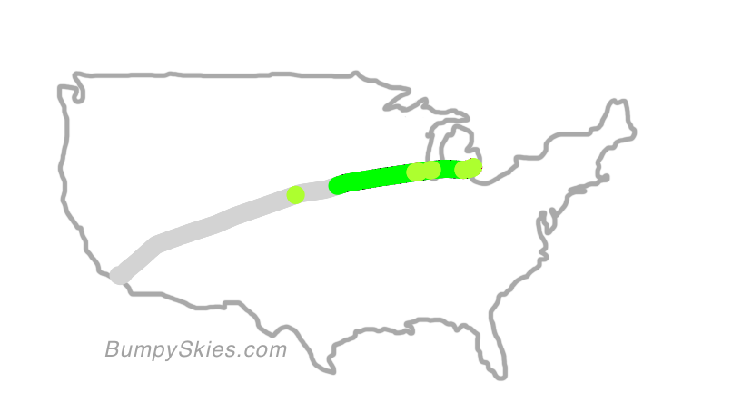 Map of continental US with illustrated flight path and turbulence forecast (described in text below)