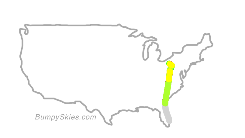 Map of continental US with illustrated flight path and turbulence forecast (described in text below)