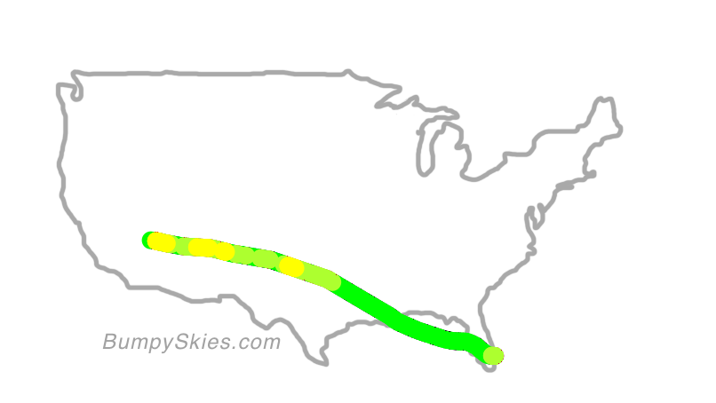 Map of continental US with illustrated flight path and turbulence forecast (described in text below)