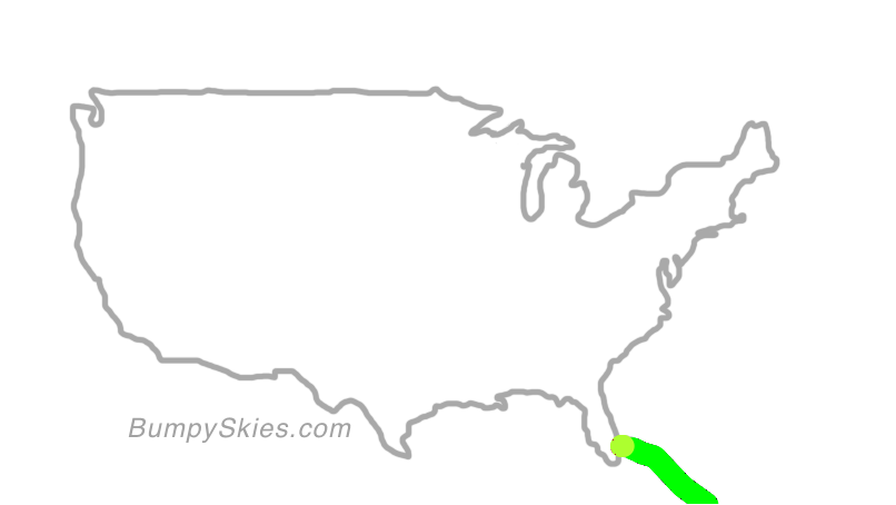 Map of continental US with illustrated flight path and turbulence forecast (described in text below)