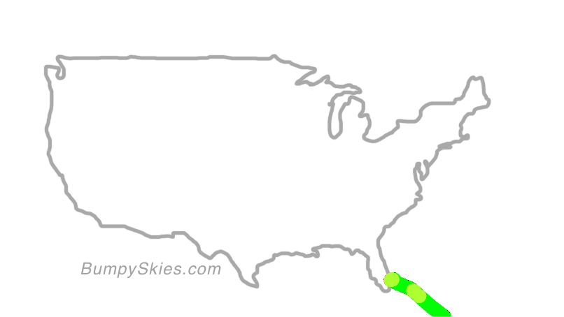 Map of continental US with illustrated flight path and turbulence forecast (described in text below)