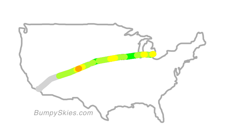 Map of continental US with illustrated flight path and turbulence forecast (described in text below)