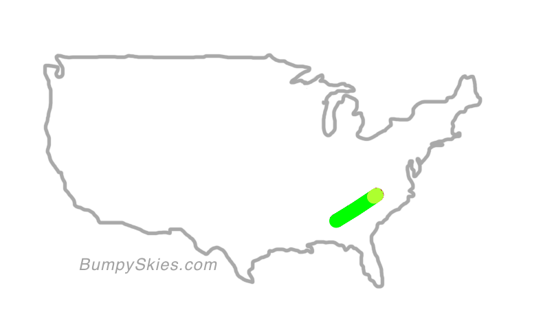 Map of continental US with illustrated flight path and turbulence forecast (described in text below)