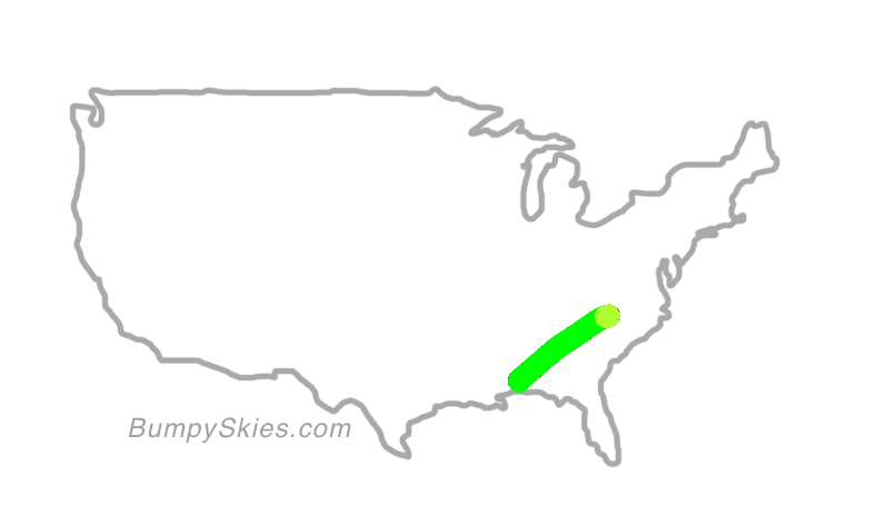 Map of continental US with illustrated flight path and turbulence forecast (described in text below)