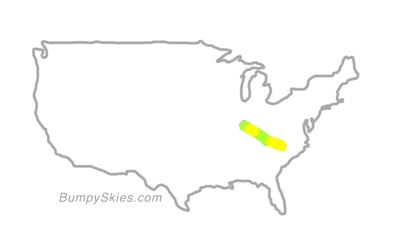 Map of continental US with illustrated flight path and turbulence forecast (described in text below)