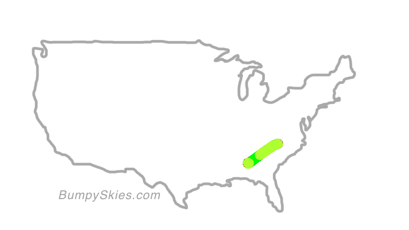 Map of continental US with illustrated flight path and turbulence forecast (described in text below)