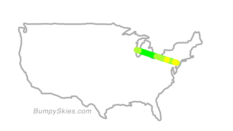 Map of continental US with illustrated flight path and turbulence forecast (described in text below)