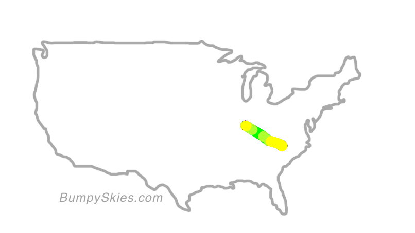 Map of continental US with illustrated flight path and turbulence forecast (described in text below)