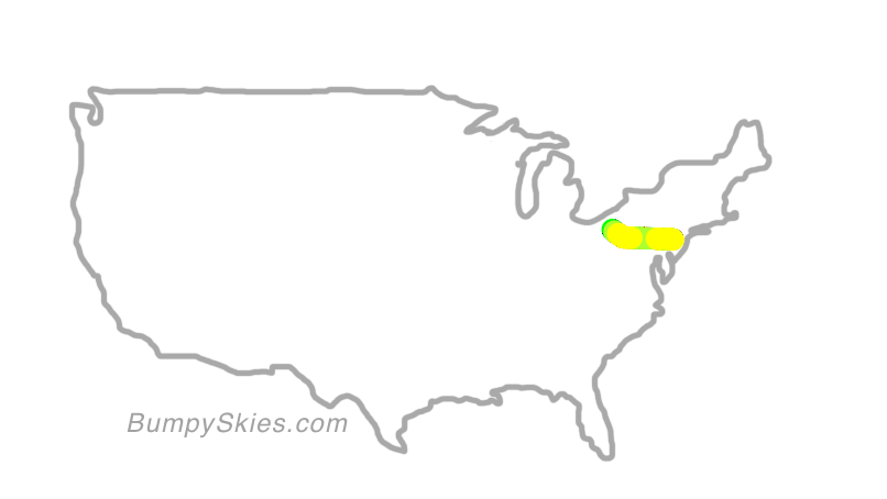 Map of continental US with illustrated flight path and turbulence forecast (described in text below)
