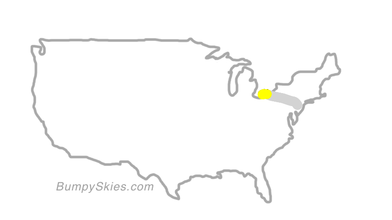 Map of continental US with illustrated flight path and turbulence forecast (described in text below)