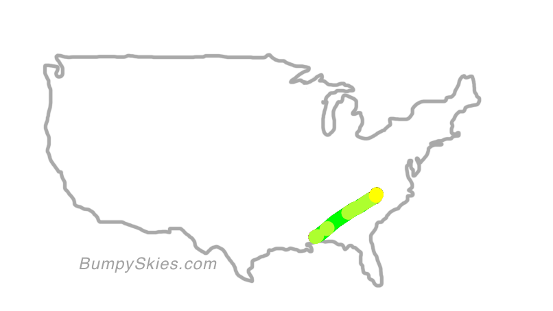 Map of continental US with illustrated flight path and turbulence forecast (described in text below)