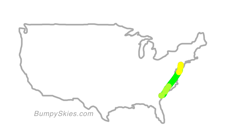 Map of continental US with illustrated flight path and turbulence forecast (described in text below)