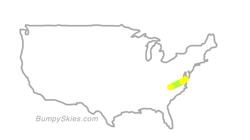 Map of continental US with illustrated flight path and turbulence forecast (described in text below)