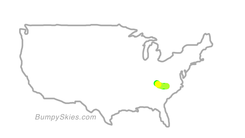 Map of continental US with illustrated flight path and turbulence forecast (described in text below)