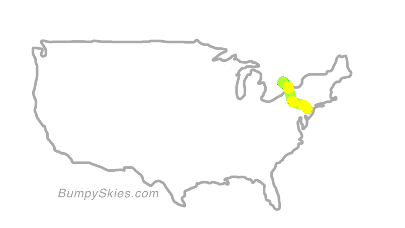 Map of continental US with illustrated flight path and turbulence forecast (described in text below)