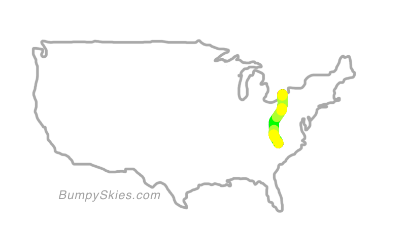 Map of continental US with illustrated flight path and turbulence forecast (described in text below)