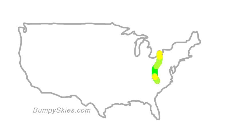 Map of continental US with illustrated flight path and turbulence forecast (described in text below)
