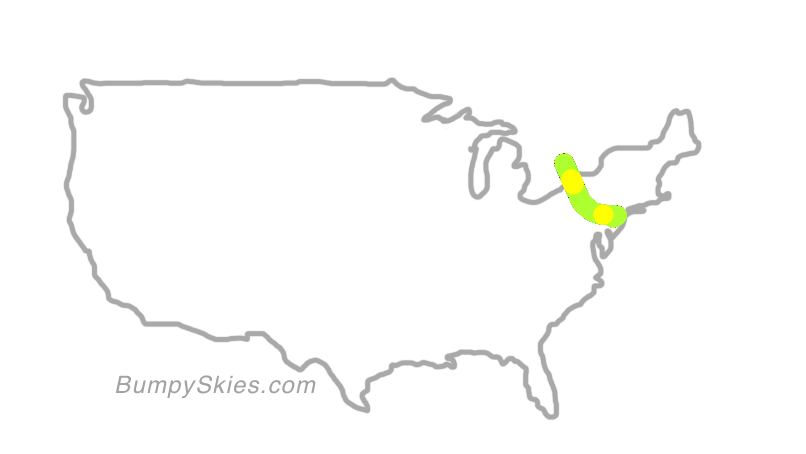 Map of continental US with illustrated flight path and turbulence forecast (described in text below)