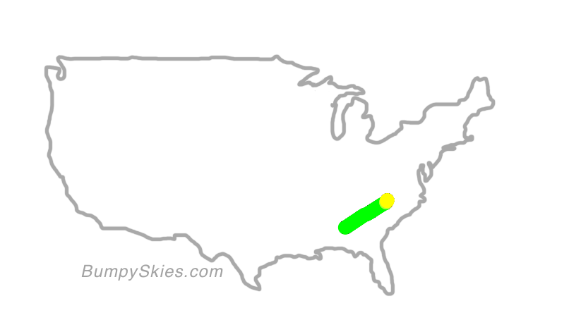 Map of continental US with illustrated flight path and turbulence forecast (described in text below)