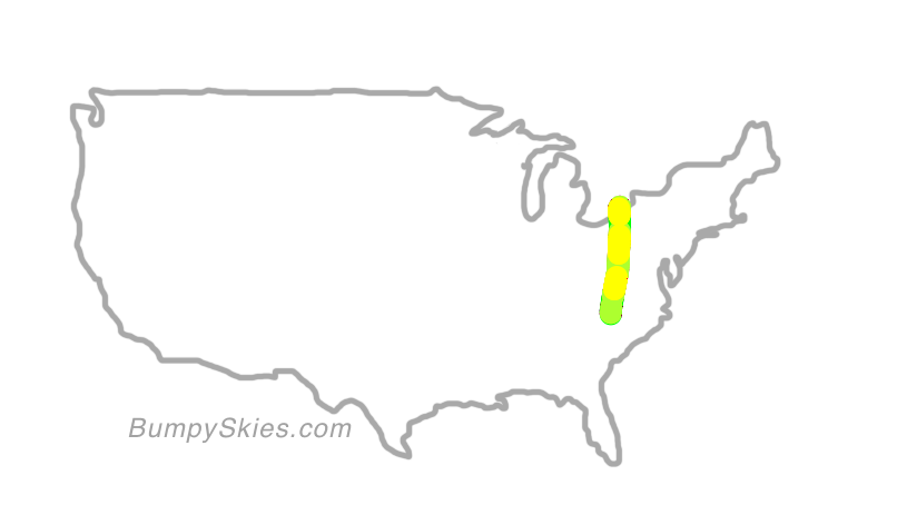 Map of continental US with illustrated flight path and turbulence forecast (described in text below)