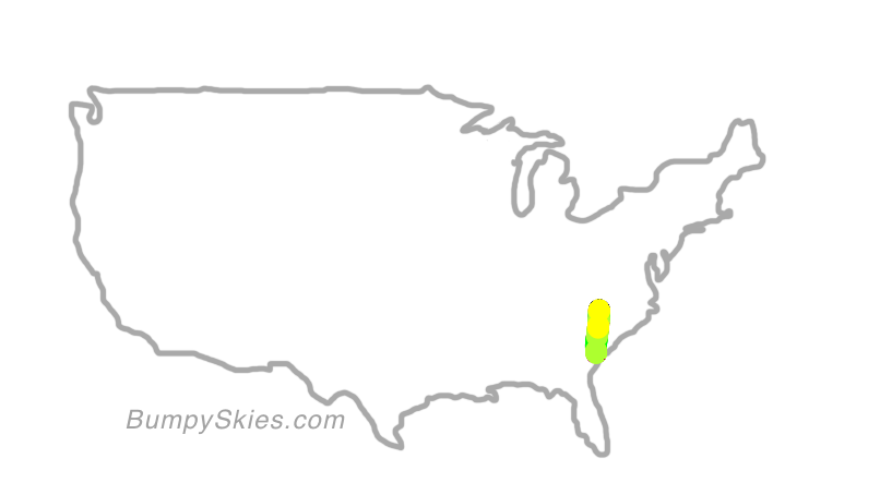 Map of continental US with illustrated flight path and turbulence forecast (described in text below)