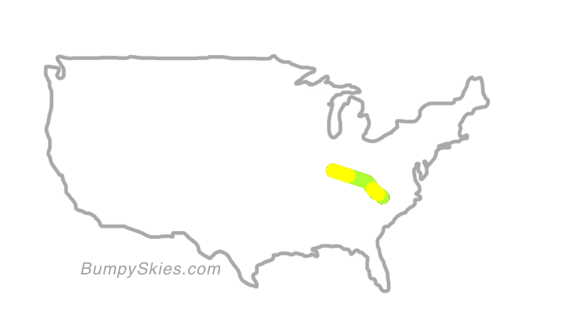 Map of continental US with illustrated flight path and turbulence forecast (described in text below)