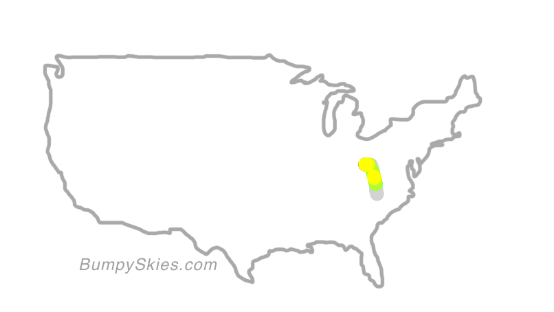Map of continental US with illustrated flight path and turbulence forecast (described in text below)