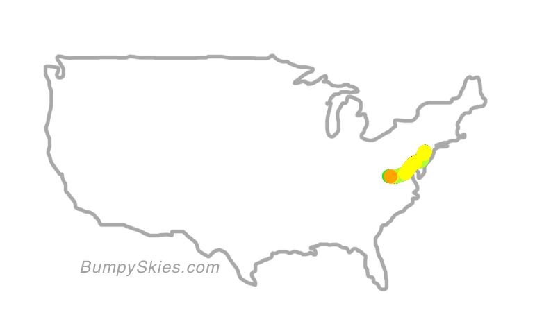 Map of continental US with illustrated flight path and turbulence forecast (described in text below)