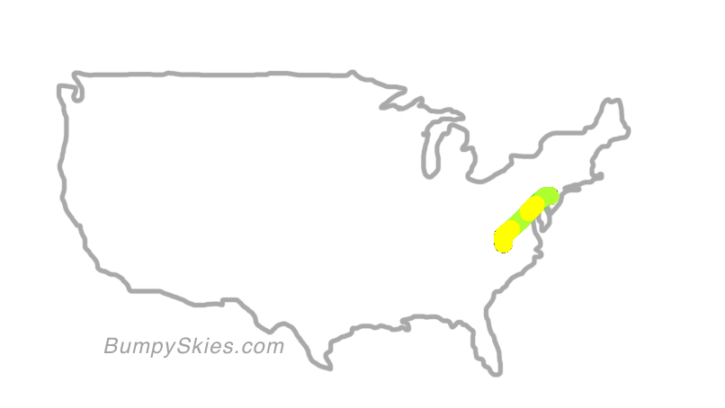 Map of continental US with illustrated flight path and turbulence forecast (described in text below)