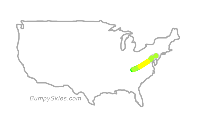 Map of continental US with illustrated flight path and turbulence forecast (described in text below)
