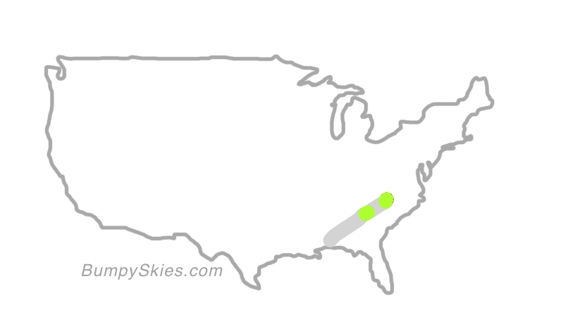 Map of continental US with illustrated flight path and turbulence forecast (described in text below)